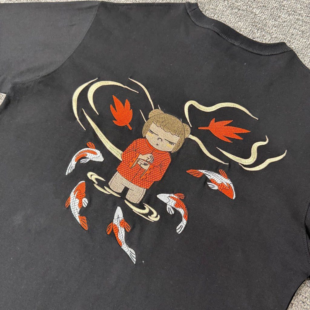 Derschutze Black Cartoon Koi‑Fish Character Back‑Embroidered Tee
